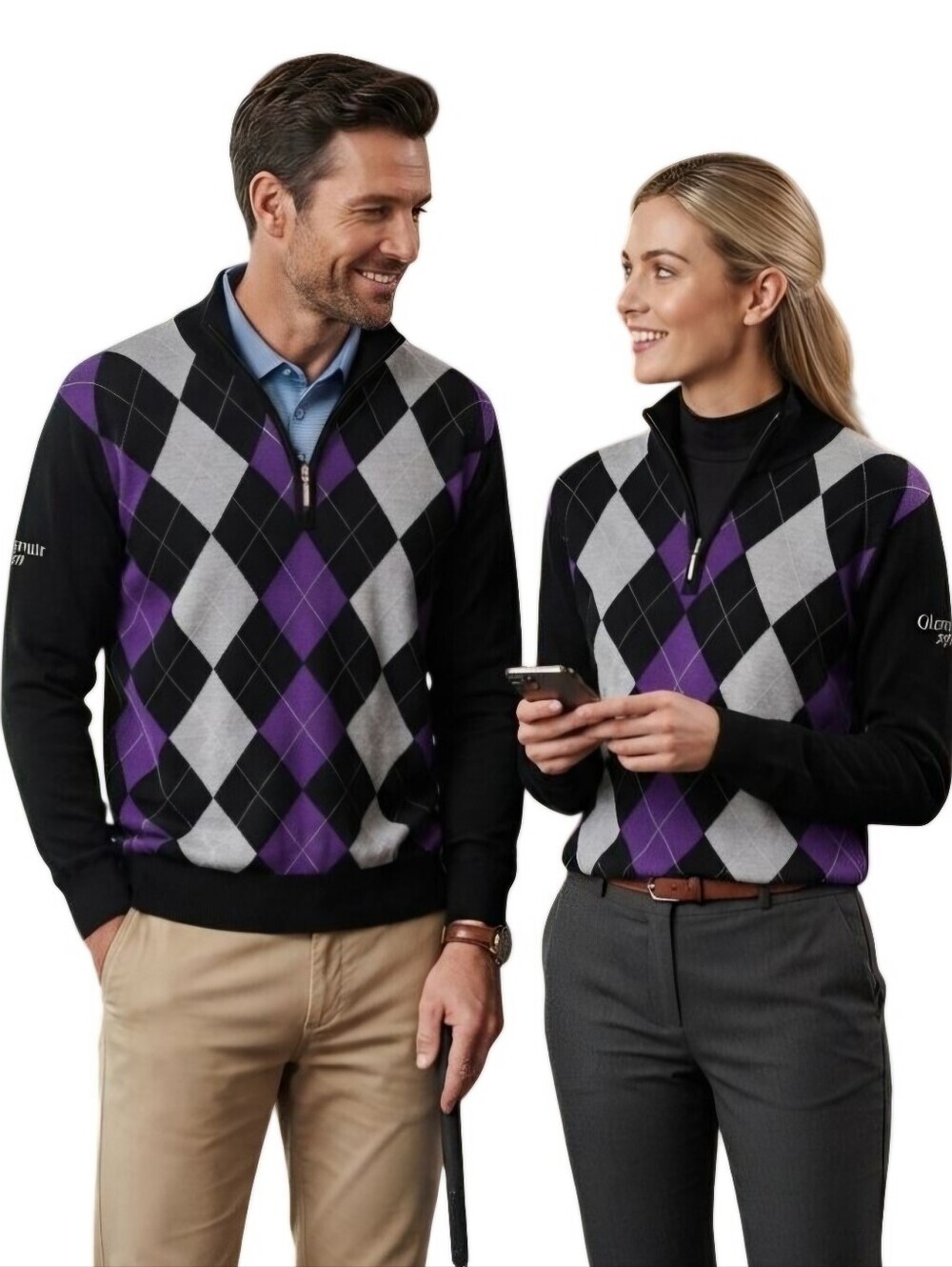 Glenmuir The Open Quarter Zip Argyle Cotton Golf Sweater Black & Purple Size XL